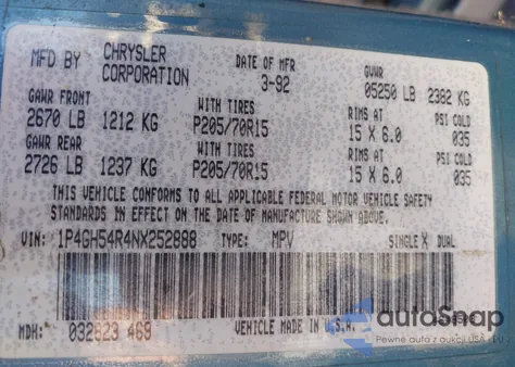 1992 Plymouth Grand Voyager Le from USA, damaged, VIN 1P4GH54R4NX252888